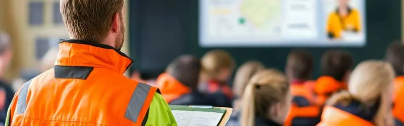 Ein Bauleiter der RÖDL BAU.GRUPPE mit Warnweste und Klemmbrett leitet eine Schulung. Im Hintergrund verfolgen mehrere Mitarbeitende in oranger Arbeitskleidung aufmerksam die Fortbildung zur fachlichen Weiterentwicklung.